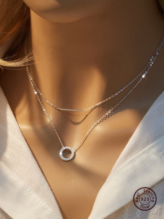 CM-AN840022 925 Sterling Silver Round Cubic Zirconia with Long Stick Bar Layered Necklace - Silver