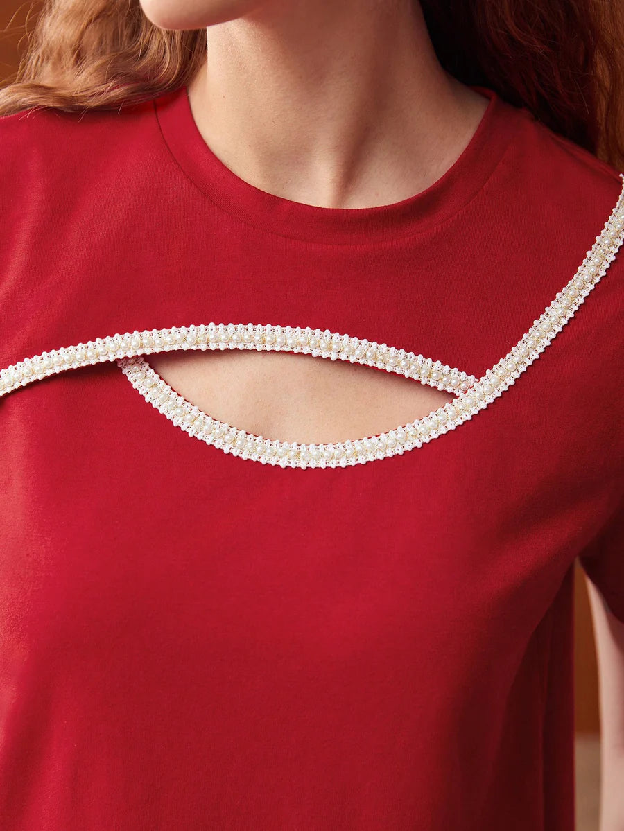 CM-TS122938 Women Casual Seoul Style Round Neck Pearl Cut-Out Top - Red