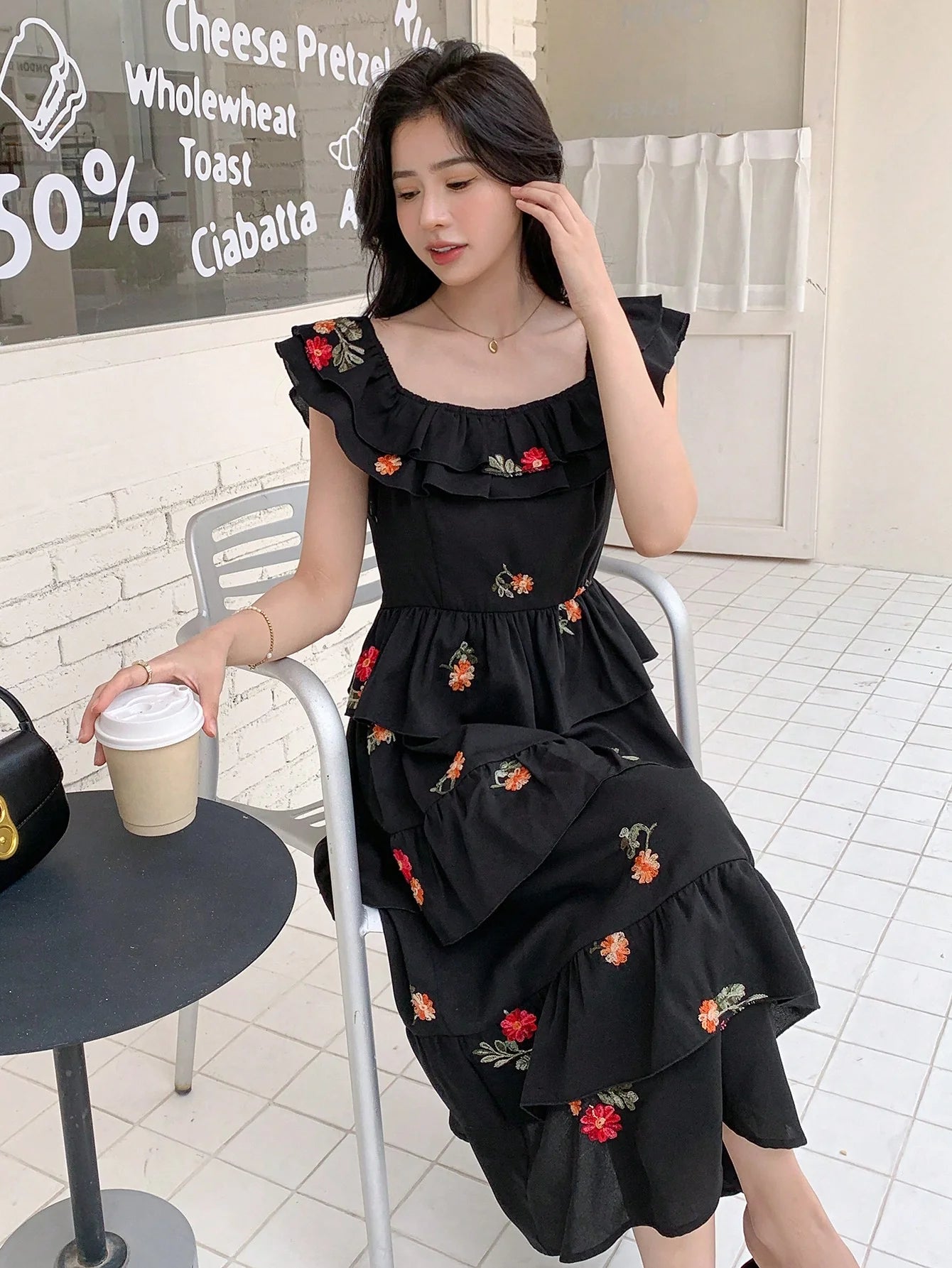 CM-DS614610 Women Trendy Bohemian Style Floral Embroidery Ruffle Trim Dress - Black