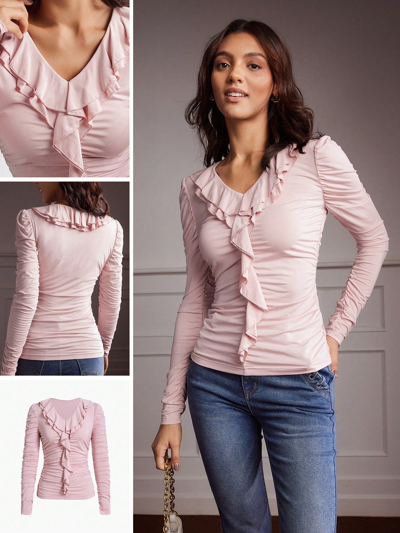 CM-TS686848 Women Casual Seoul Style V-Neck Ruched Ruffle Long Sleeve Top - Pink
