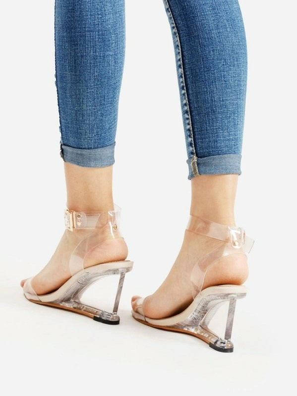 CM-SHS418807 Women Trendy Seoul Style Metal Buckle Strappy Wedge Sandals