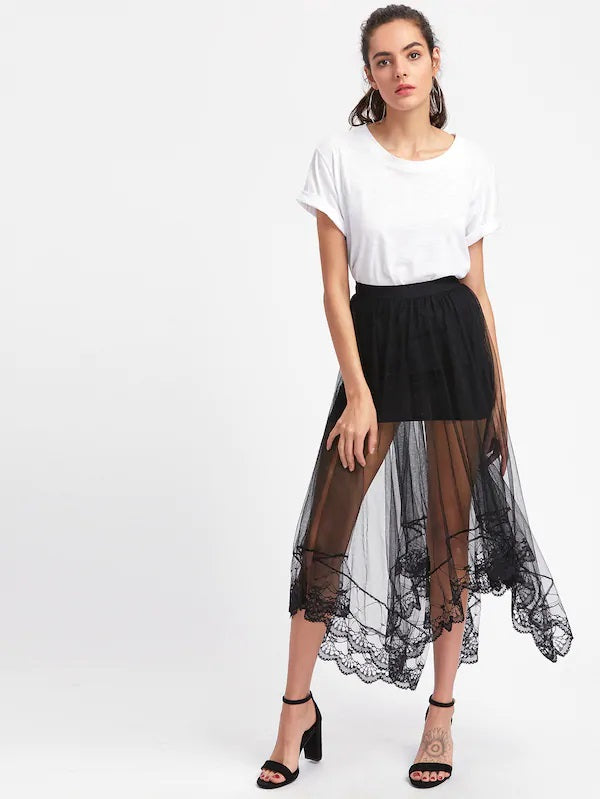 CM-BS509302 Women Casual Seoul Style Hanky Hem Sheer Mesh Overlay Skirt - Black