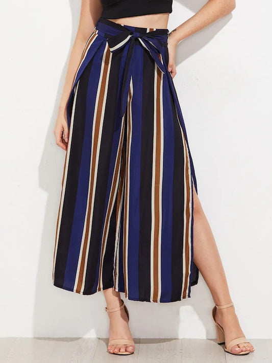 CM-BS620301 Women Casual Seoul Style Vertical Striped Split Side Wide Leg Pants