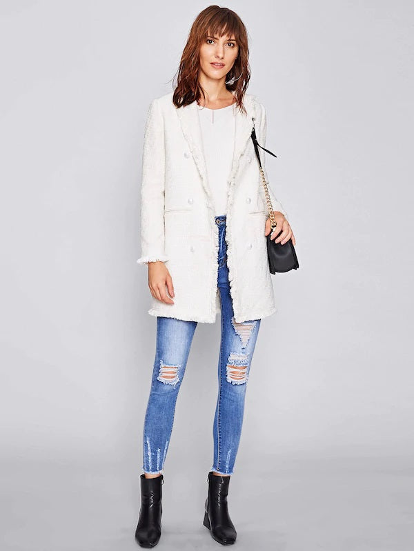 CM-CS828703 Women Elegant European Style Long Sleeve Frayed Trim Longline Tweed Blazer - White