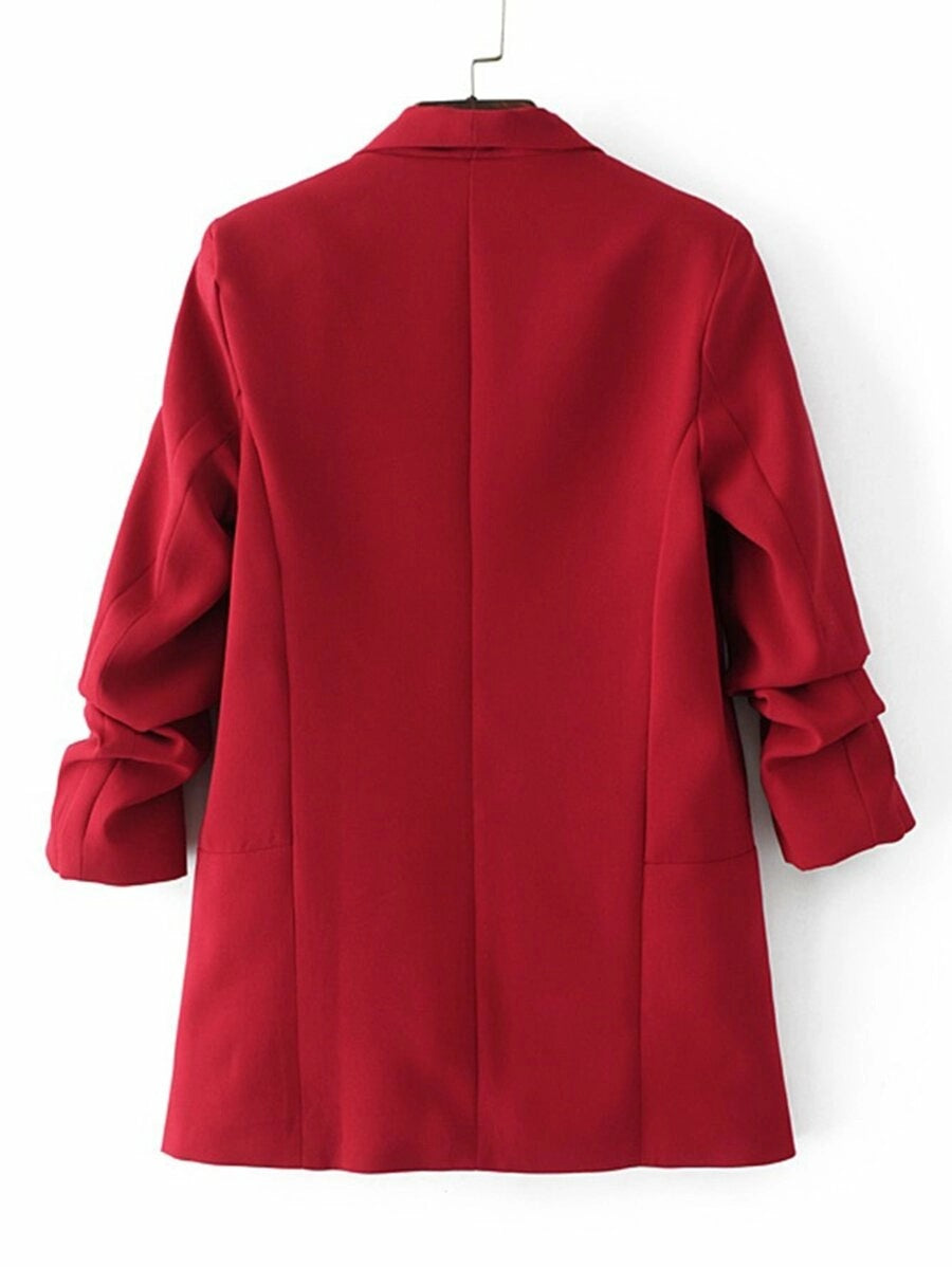 CM-CS907201 Women Elegant Seoul Style Ruched Sleeve Shawl Collar Tailored Blazer - Wine Red