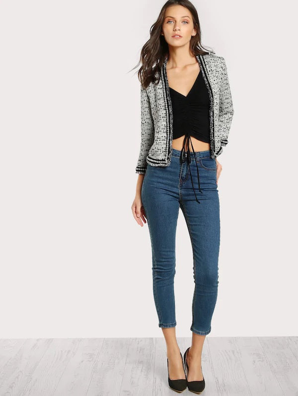 CM-CS801701 Women Elegant Seoul Style Pearl Beaded Frayed Edge Tweed Blazer