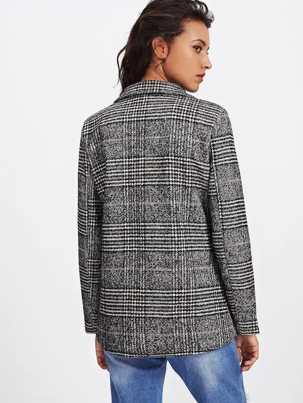CM-CS922101 Women Elegant Seoul Style Long Sleeve Double Breasted Check Tweed Blazer - Gray