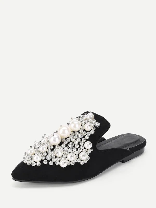 CM-SHS025804 Women Elegant Seoul Style Faux Pearl Decorated Flat Mules - Black