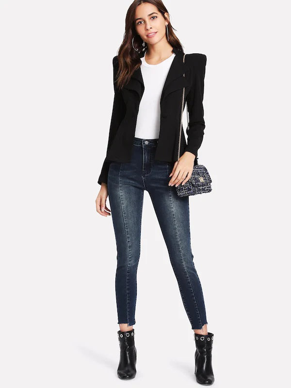 CM-CS127703 Women Elegant Seoul Style Structured Shoulder Layered Collar Peplum Blazer - Black