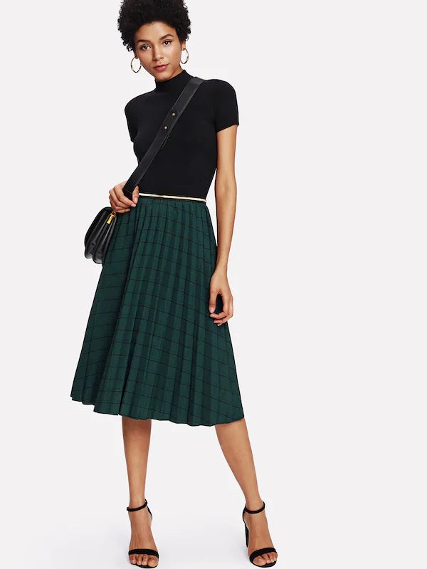 CM-BS109154 Women Casual Seoul Style Mid Waist Checked Pleated Skirt - Green