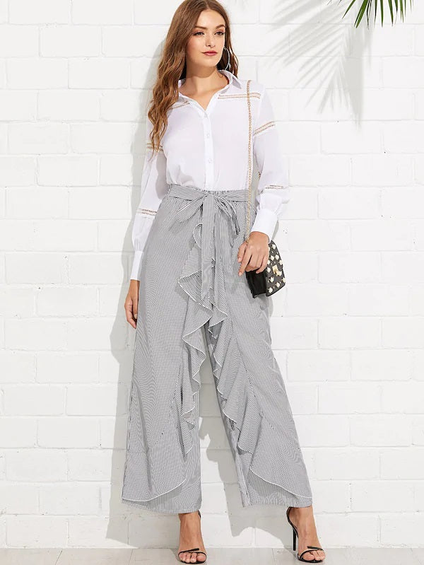CM-BS514003 Women Casual Seoul Style Tie Waist Striped Ruffle Wide Leg Pants - Gray