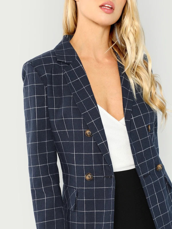 CM-CS813702 Women Elegant Seoul Style Double Breasted Notched Neck Plaid Blazer - Navy Blue