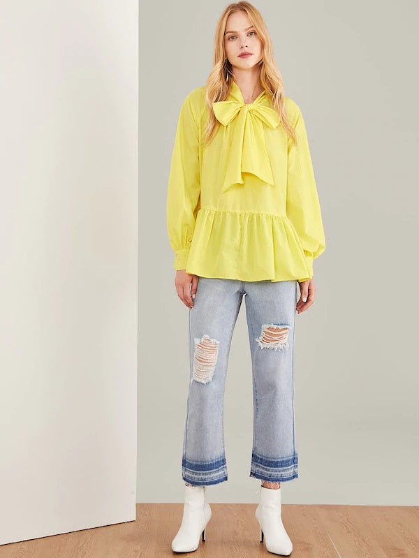 CM-TS808707 Women Elegant Seoul Style Long Sleeve Tie Neck Ruffle Hem Solid Top - Yellow