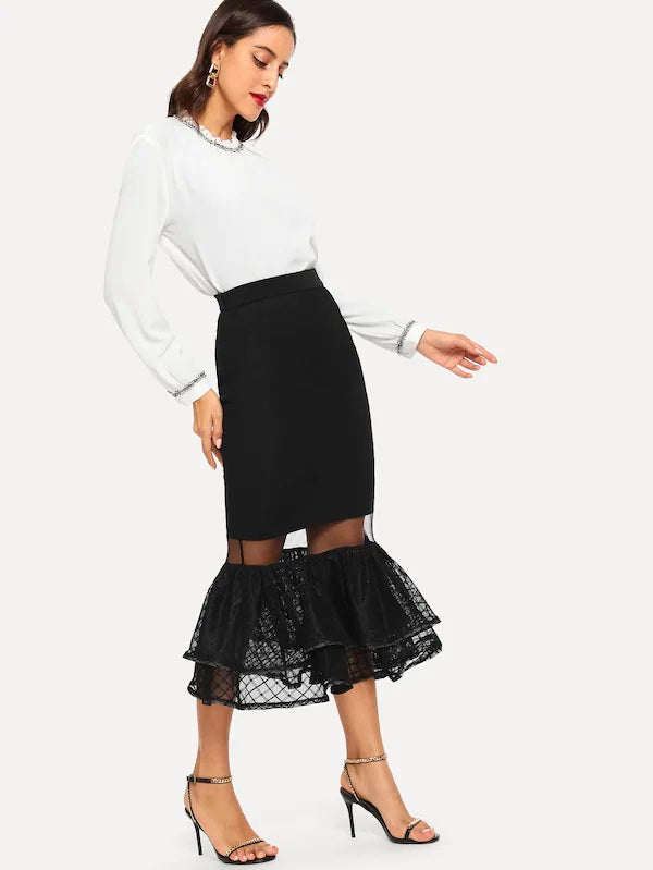 CM-BS823703 Women Casual Seoul Style Mesh Contrast Layered Ruffle Bodycon Skirt - Black