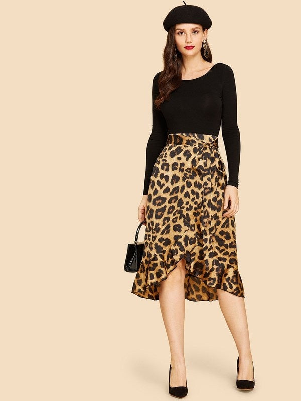 CM-BS829406 Women Casual Seoul Style Asymmetric Ruffle Hem Leopard Mini Skirt