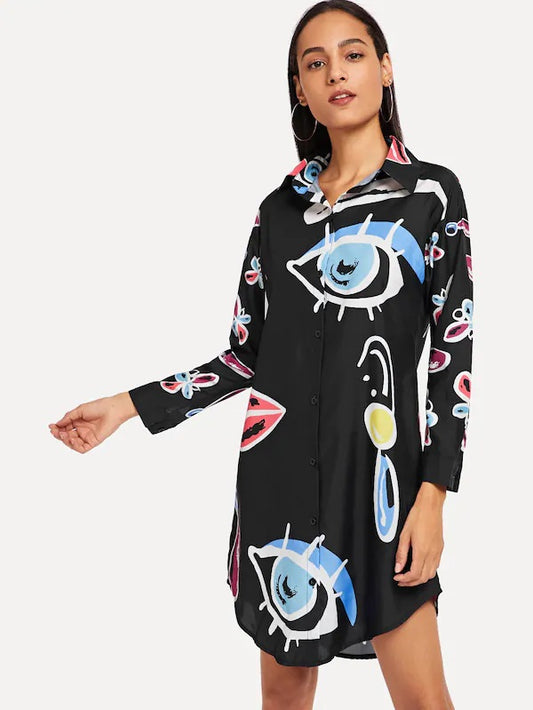 CM-DS829408 Women Casual Seoul Style Long Sleeve Abstract Pattern Curved Hem Shirt Dress - Black