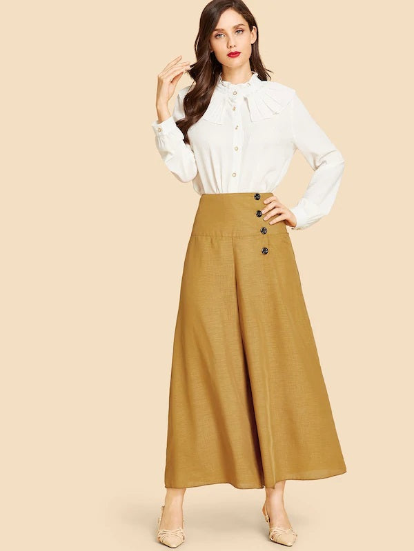CM-BS911403 Women Casual Seoul Style Mid Waist Button Front Wide Leg Pants - Brown