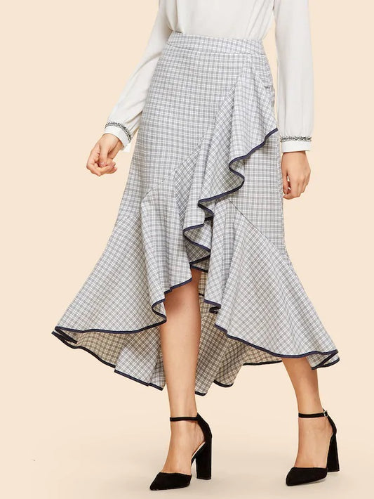 CM-BS820404 Women Elegant Seoul Style Ruffle Wrap Plaid Mid Waist Skirt - Gray