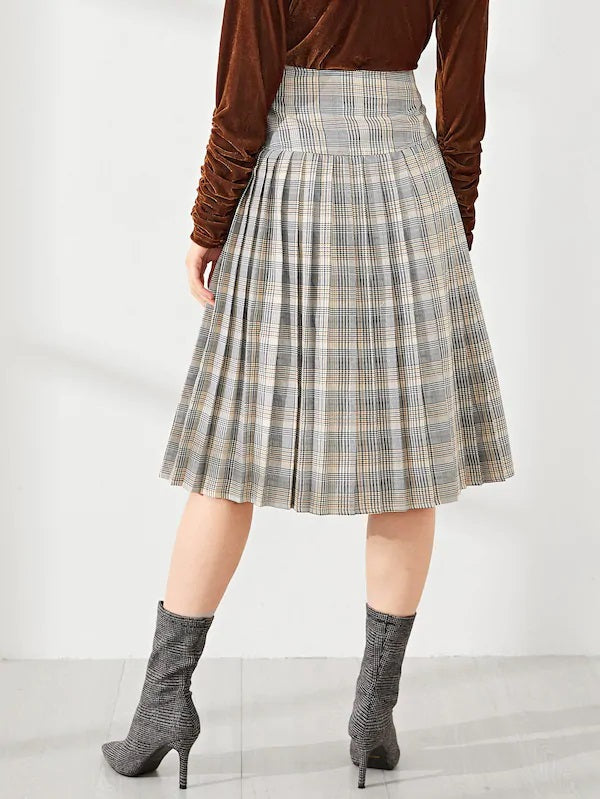 CM-BS824702 Women Casual Seoul Style Mid Waist Pleated Plaid Mini Skirt - Gray