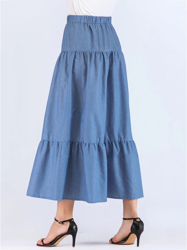 CM-BS928952 Women Casual Seoul Style Ruffle Hem Button Mid Waist Maxi Skirt - Blue