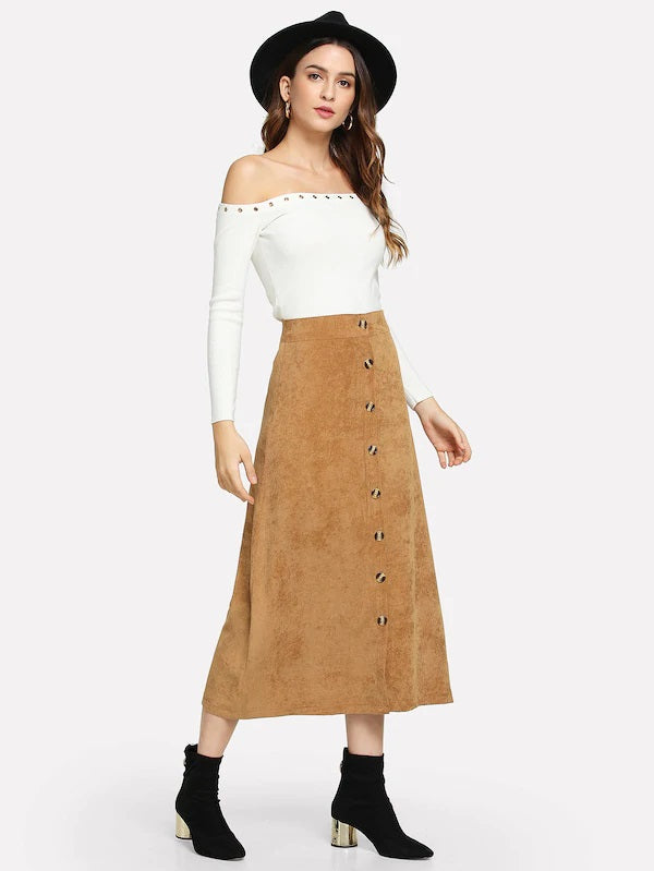 CM-BS009372 Women Casual Seoul Style Corduroy Button Mid Waist Skirt - Khaki