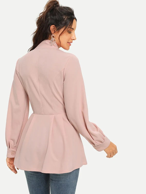 CM-CS827716 Women European Style Choker Neck Ruffle Hem Surplice Wrap Blazer - Pink