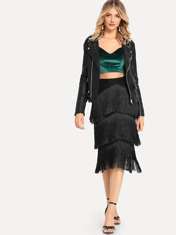 CM-BS808704 Women Casual Seoul Style Mid Waist Fringe Bodycon Skirt - Black