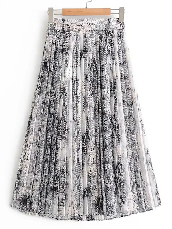 CM-BS018001 Women Trendy Seoul Style Mid Waist Snakeskin Print Pleated Skirt - Gray