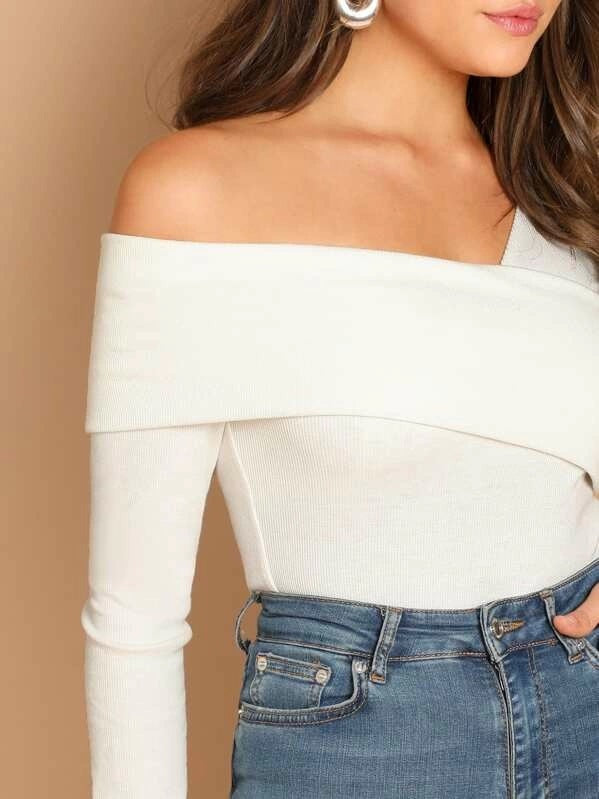 CM-TS011731 Women Casual Seoul Style Foldover Asymmetrical Neck Solid Tee - White