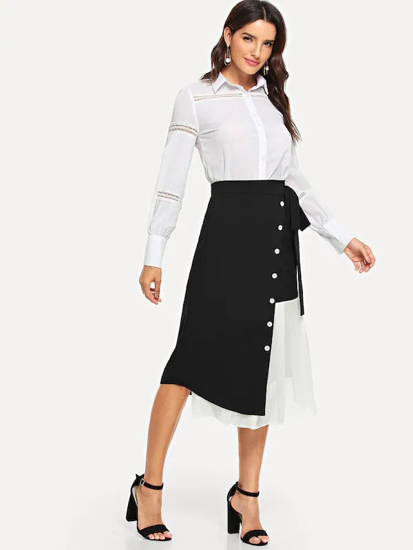 CM-BS102952 Women Casual Seoul Style Chiffon Contrast Button Front Tie Waist Skirt - Black