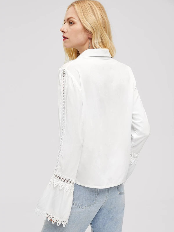 CM-TS016727 Women Elegant Seoul Style Lace Insert Long Bell Sleeve Blouse - White