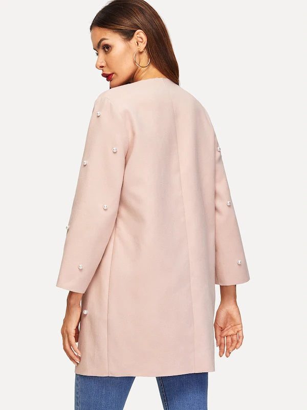 CM-CS127764 Women Elegant Seoul Style Long Sleeve Open Front Pearls Beaded Solid Coat - Pink