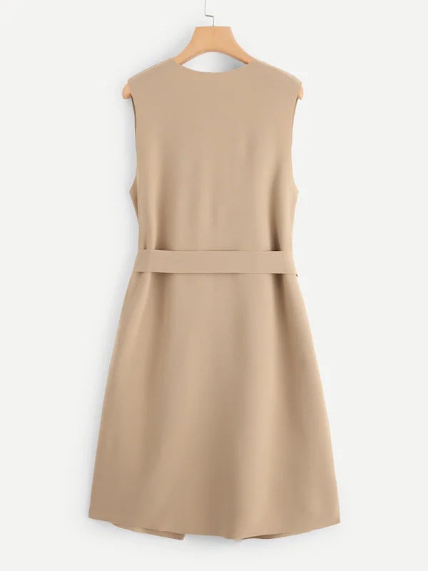 CM-CS005728 Women Casual Seoul Style Bow Tie Waist Longline Belted Vest Coat - Beige