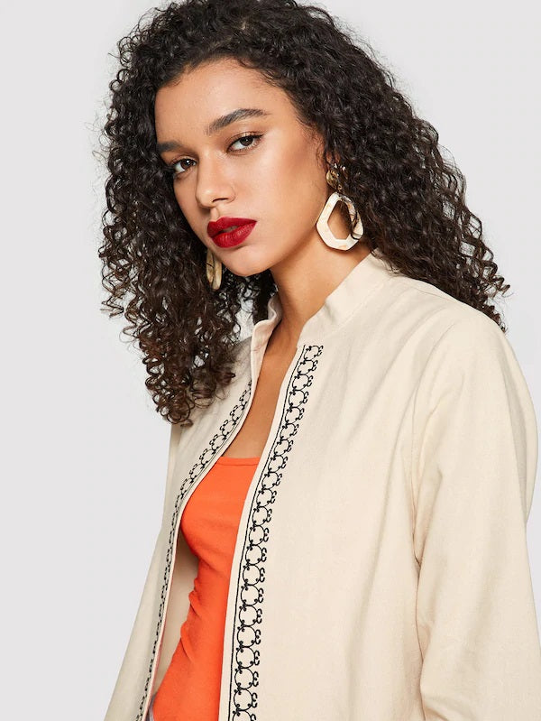 CM-CS127739 Women Elegant Seoul Style Long Sleeve Open Front Geometric Print Coat - Beige