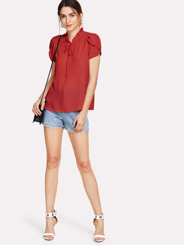 CM-TS207914 Women Casual Seoul Style Frill Trim Tie Neck Petal Sleeve Top - Red