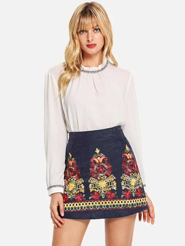 CM-BS925705 Women Casual Seoul Style Mid Waist Zip Up Embroidered Mini Skirt