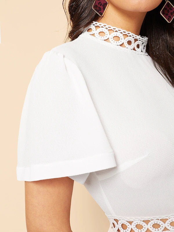 CM-TS217798 Women Casual Seoul Style Guipure Lace Panel Textured Peplum Blouse - White