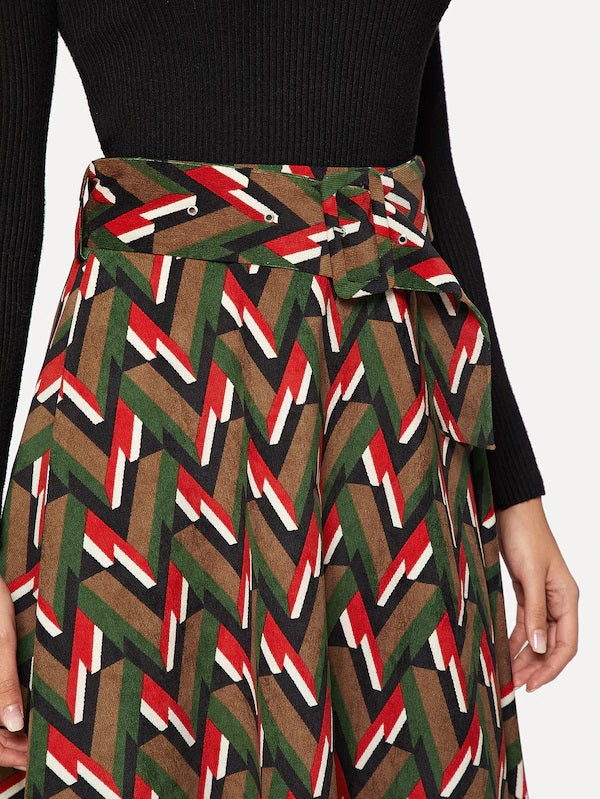 CM-BS214368 Women Casual Seoul Style Mid Waist Wide Geometrical Print Skirt