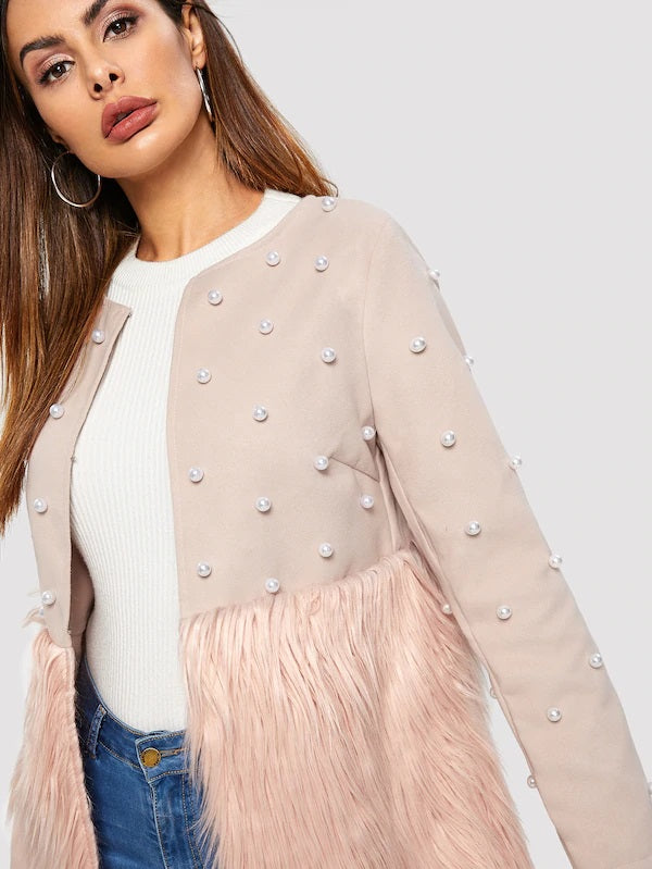 CM-CS115731 Women Elegant European Style Long Sleeve Pearl Embellished Faux Fur Coat - Pink