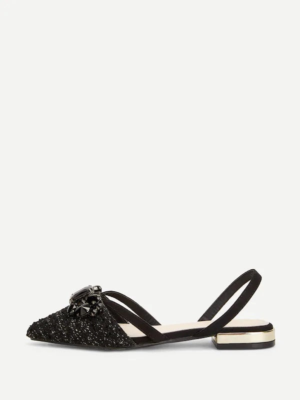 CM-SHS231708 Women Casual Seoul Style Tweed Jewelled Decorated Slingback Flats - Black