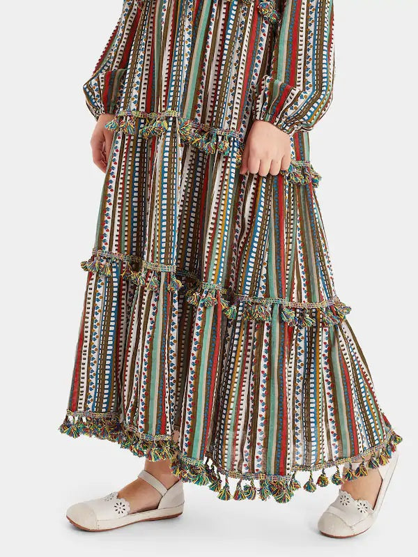 CM-KD107232 Girls Seoul Style Tassel Trim Tribal Print Maxi Dress