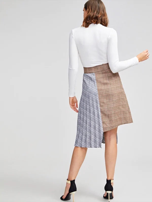 CM-BS210448 Women Casual Seoul Style High Low Pleated Plaid Combo Skirt With Belt