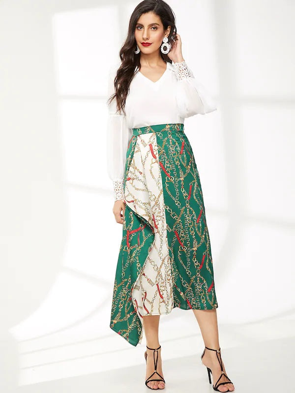 CM-BS109951 Women Casual Seoul Style Mid Waist Chain Print Zip-Side Long Skirt