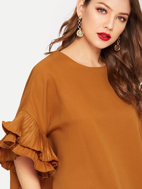 CM-TS130758 Women Casual Seoul Style Pleated Ruffle Sleeve Dolphin Hem Top - Rust