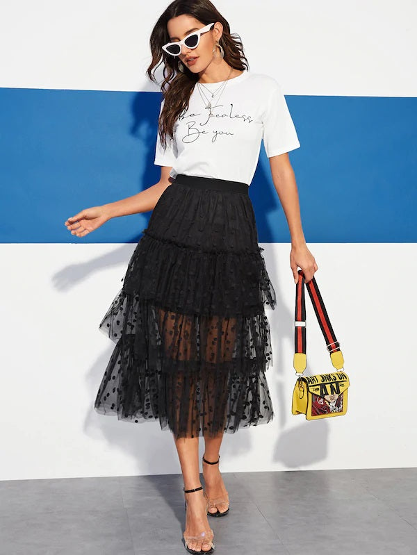 CM-BS217486 Women Casual Seoul Style Tiered Dot Mesh Overlay Frill Detail Skirt - Black