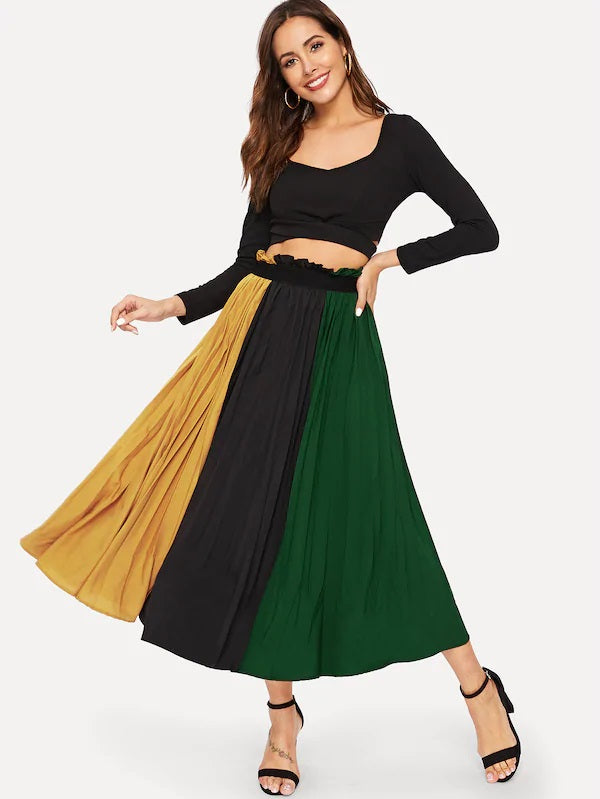 CM-BS117102 Women Casual Seoul Style High Waist Color-Block Pleated Maxi Skirt