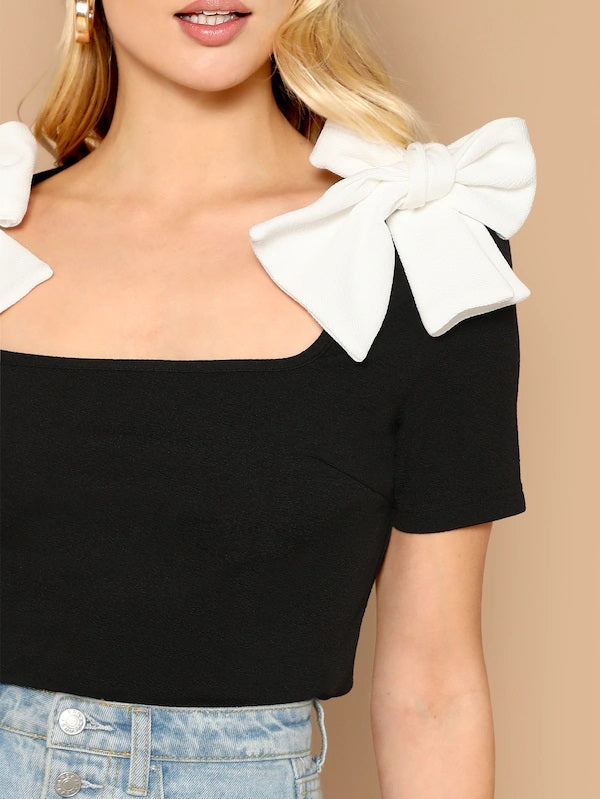 CM-TS229533 Women Casual Seoul Style Short Sleeve Contrast Bow Square Neck Top - Black