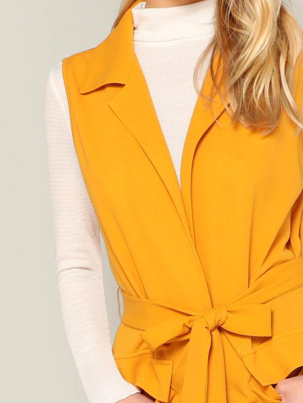 CM-CS104277 Women Casual Seoul Style Notched Collar Pocket Patched Belted Vest Coat - Yellow