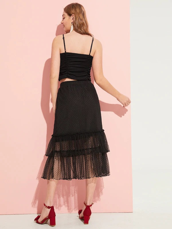 CM-BS111519 Women Elegant Seoul Style Dot Jacquard Mesh Overlay Tiered Skirt - Black