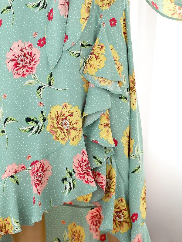 CM-BS103640 Women Casual Seoul Style Asymmetrical Ruffle Wrap Hem Floral Skirt - Green